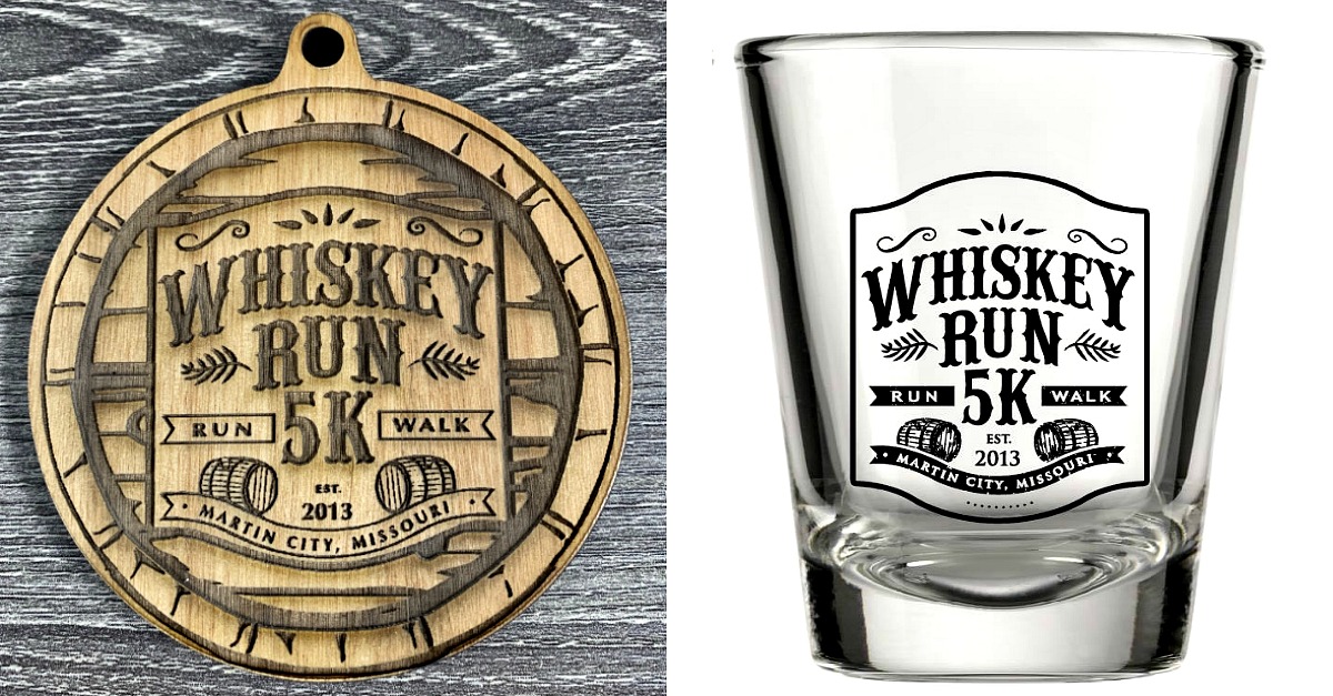 Whiskey Run 5K metal & shot glass