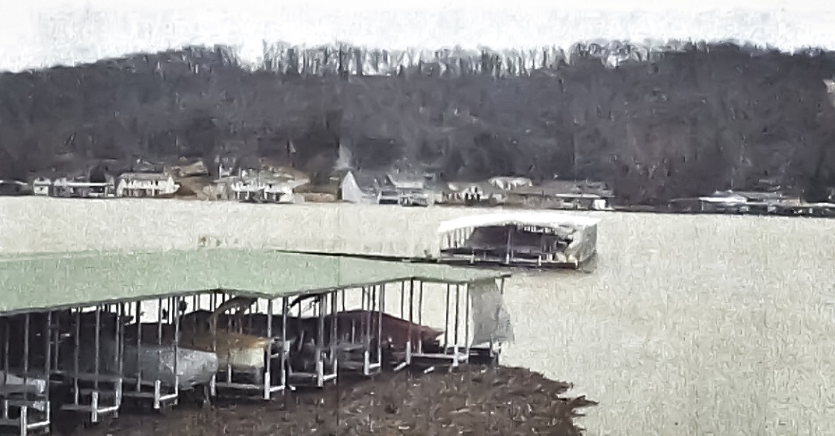 A dock breaks away from the shore at Lake of the Ozarks.