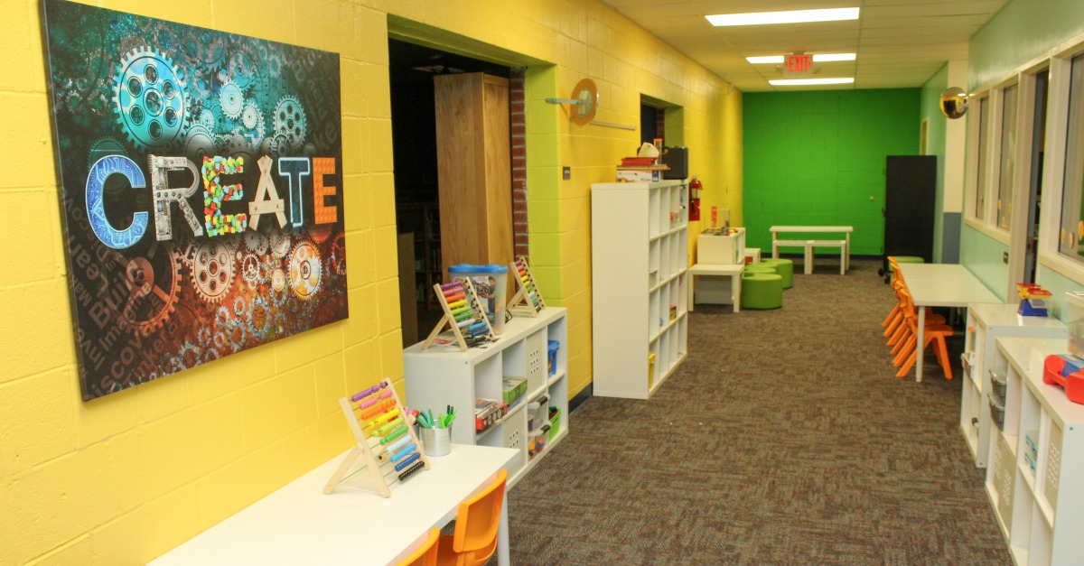 A hallway in a self-contained elementary area where special needs students spend most of their day receiving special instruction.