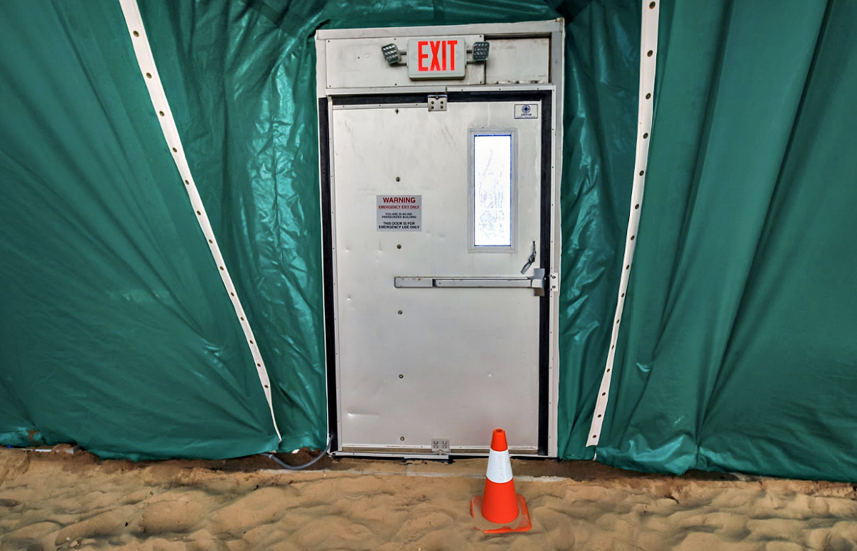 Secure doors allow the air inside to support the weight of the Volleyball Beach dome