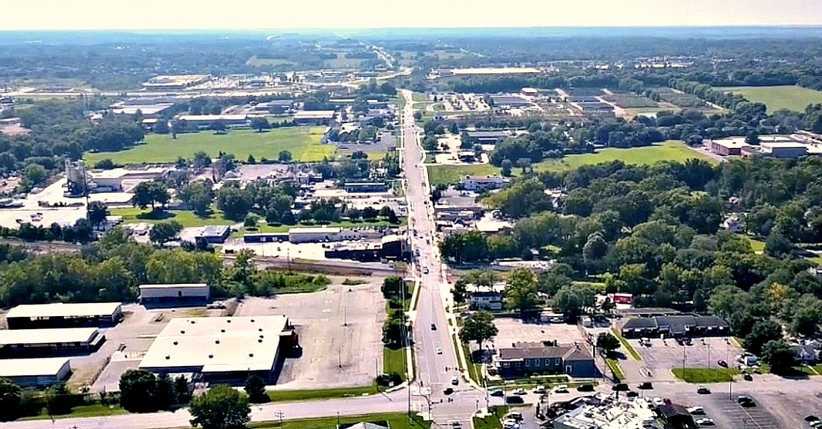 View looking west along 135th Street at Holmes Road in Martin City.