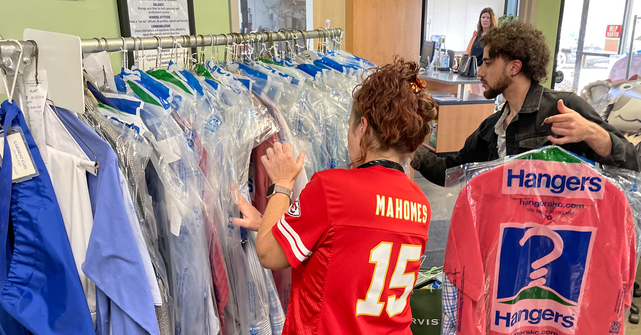 Orders on a rack at Hangers Cleaners